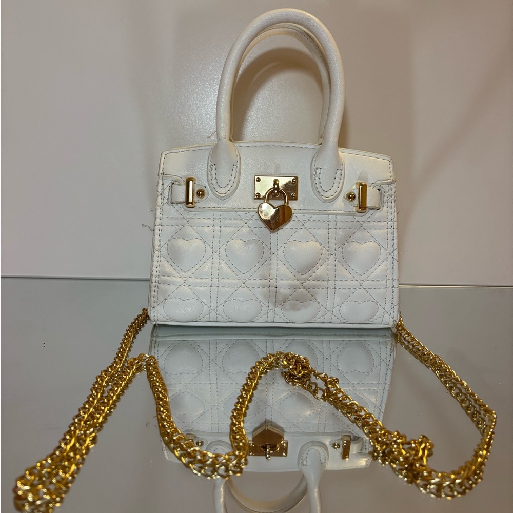 White and Gold Mini Bag with Quilted Leather and Chain Strap